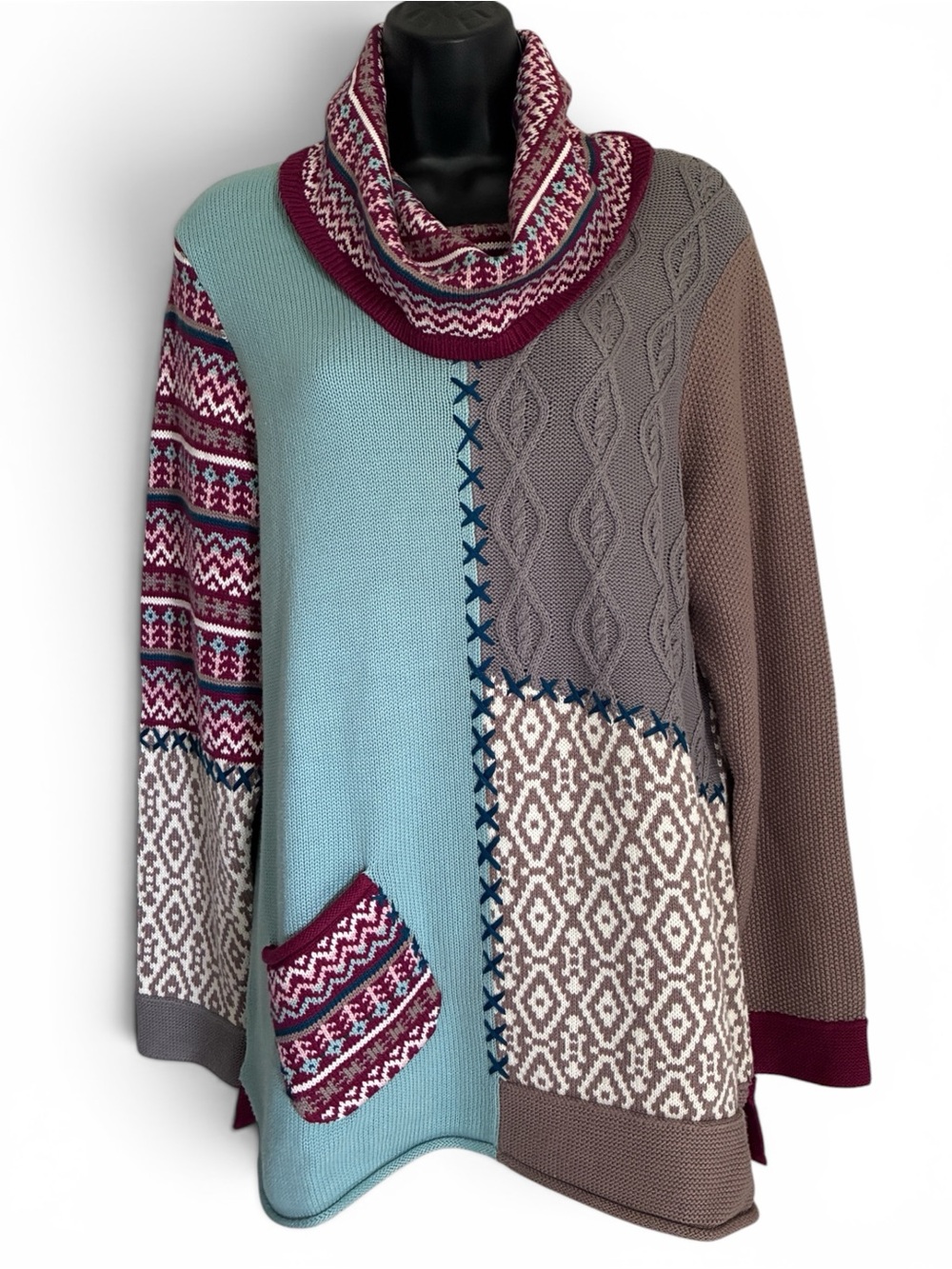 Artsy Cabincore Grannycore Patchwork Cowlneck Sweater Aqua Taupe Burgundy Sz M